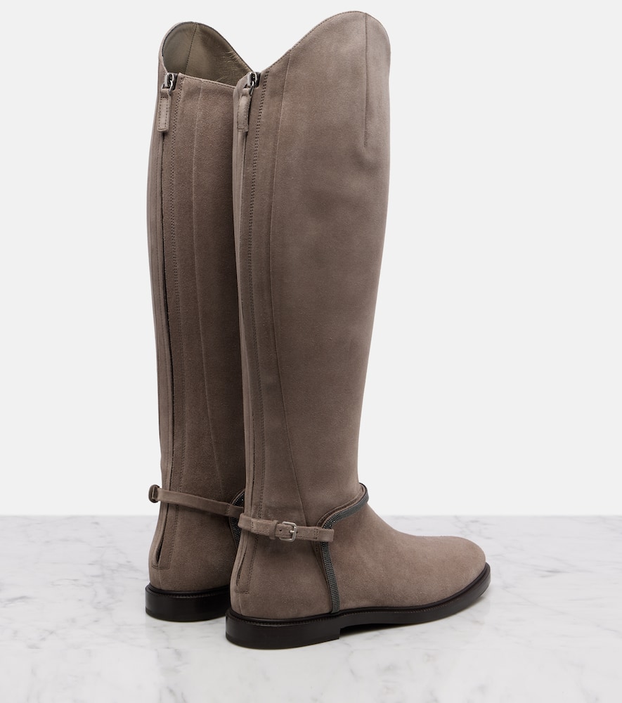 Brunello Cucinelli Monili Suede Knee-high Boots In Neutral