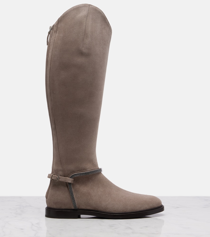 Brunello Cucinelli Monili Suede Knee-high Boots In Neutral