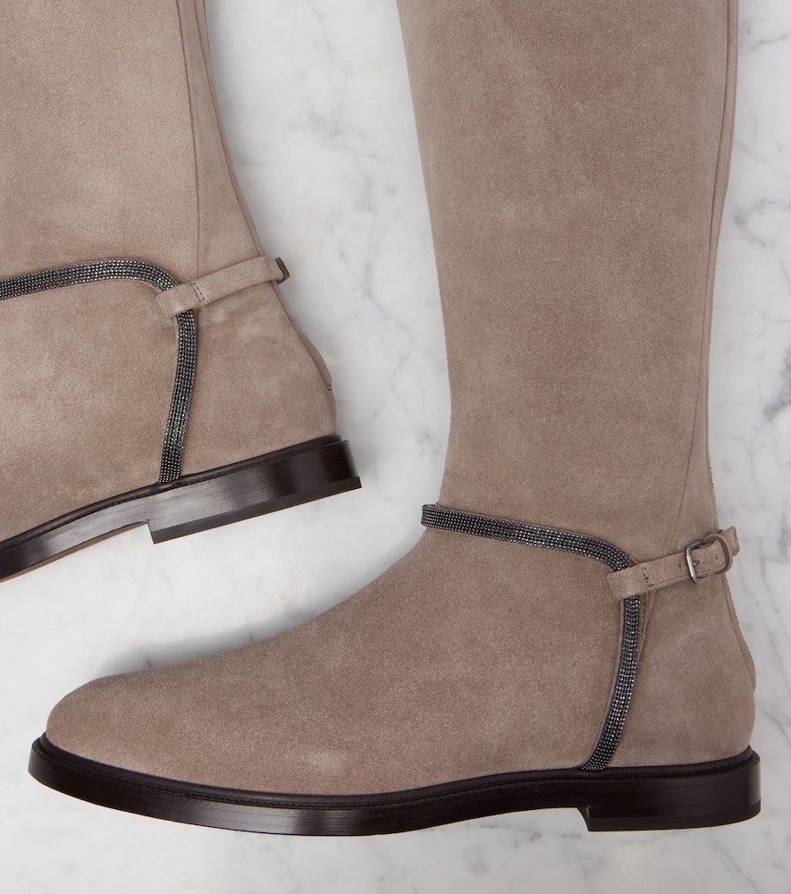 Brunello Cucinelli Monili Suede Knee-high Boots In Neutral