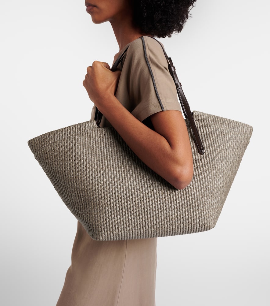 Brunello Cucinelli Leather-trimmed raffia tote bag
