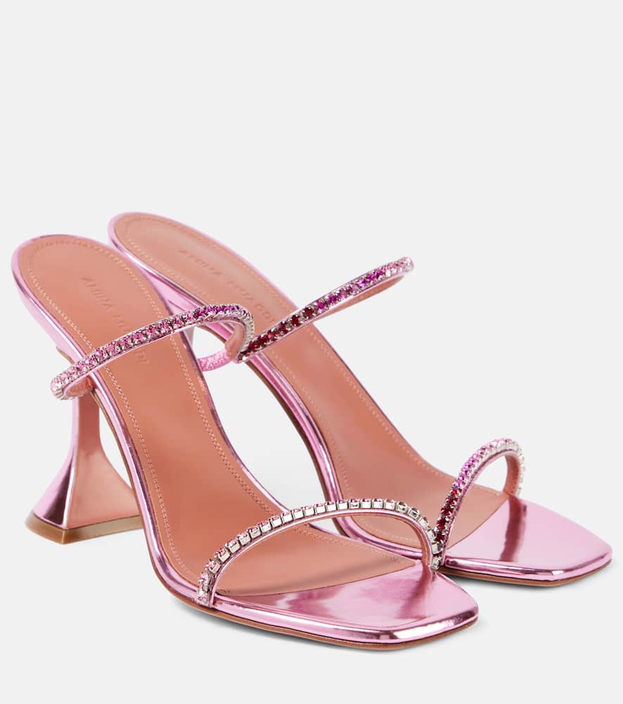 Amina Muaddi Gilda Crystal Strap Metallic Slide Sandal In Pink