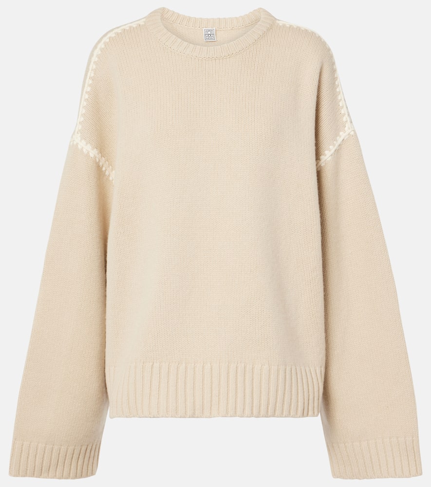 Totême Embroidered Wool, Cashmere, And Cotton Sweater In Beige