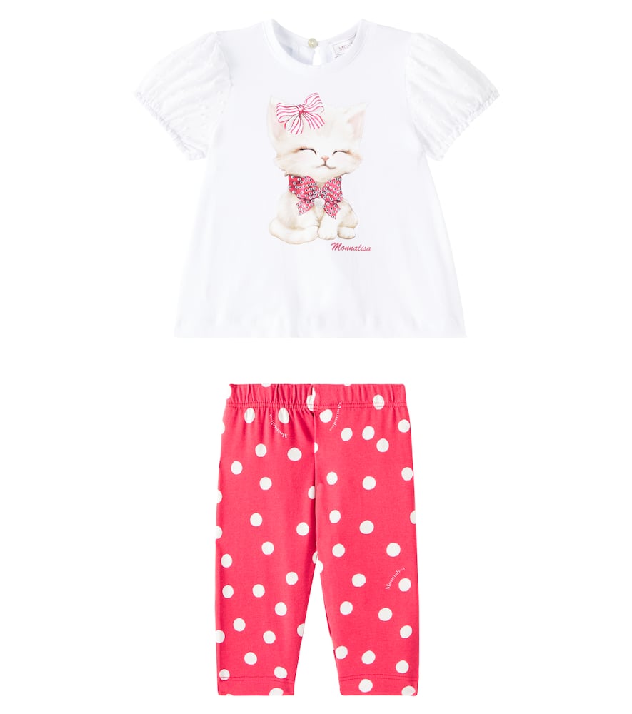 Monnalisa Baby Polka-dot Jersey Shirt And Pants Set In Rosso+bianco