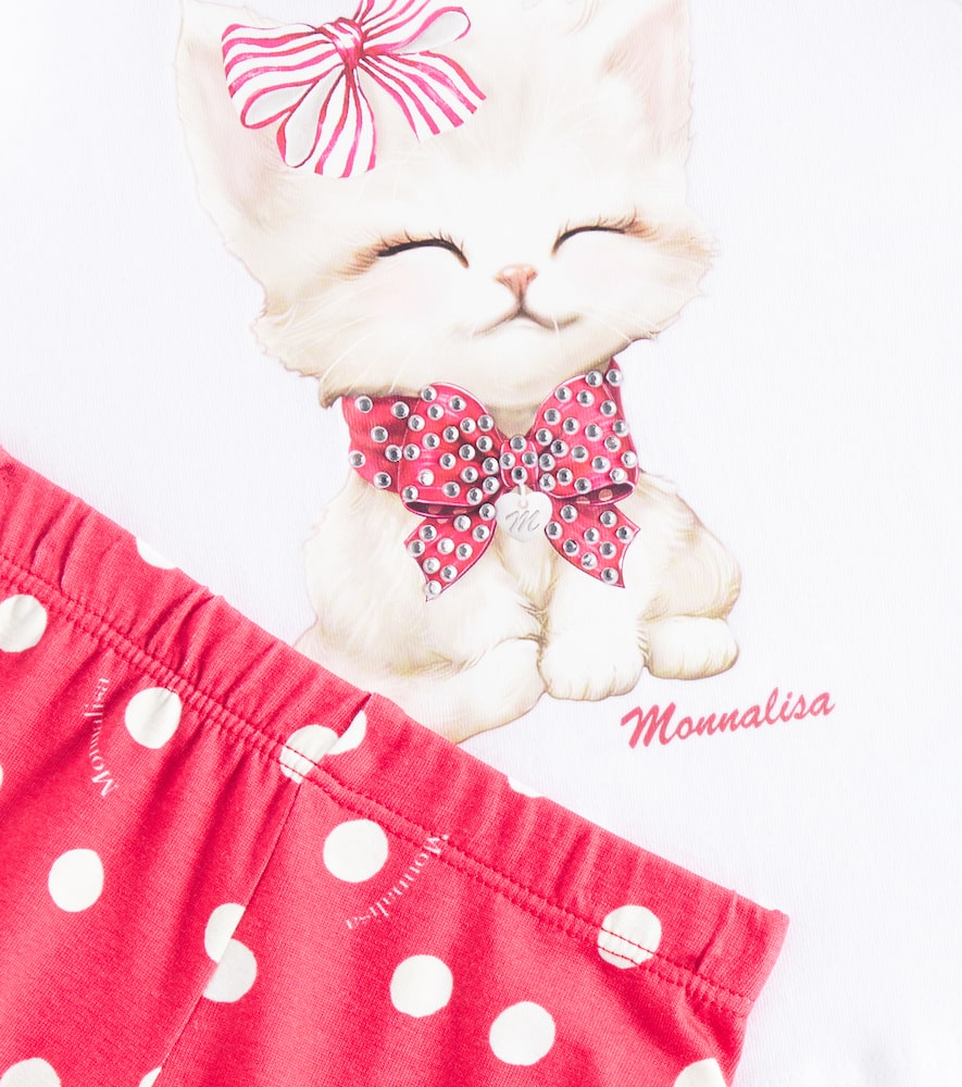 Monnalisa Baby Polka-dot Jersey Shirt And Pants Set In Rosso+bianco