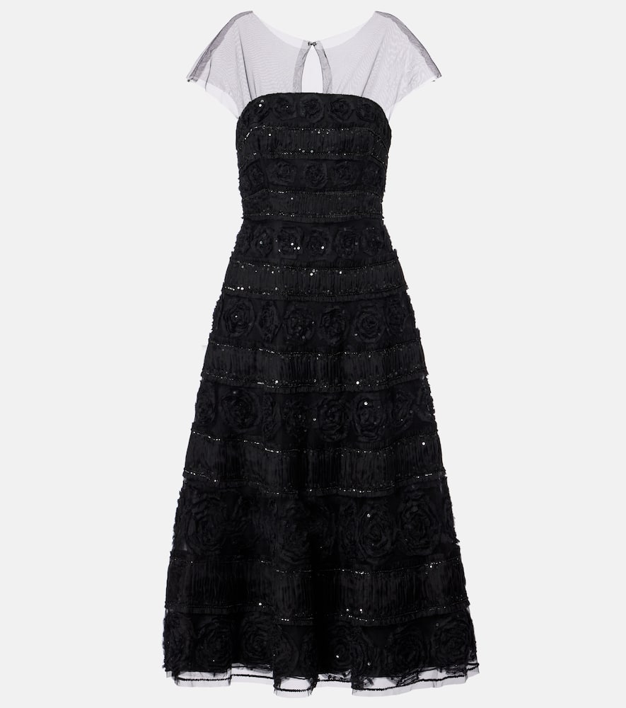 Floral-appliqué sequined gown