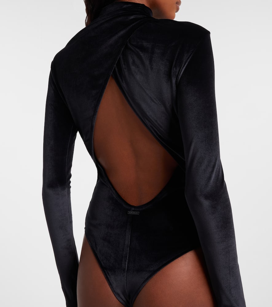 Mugler Turtleneck Velvet Bodysuit In Black
