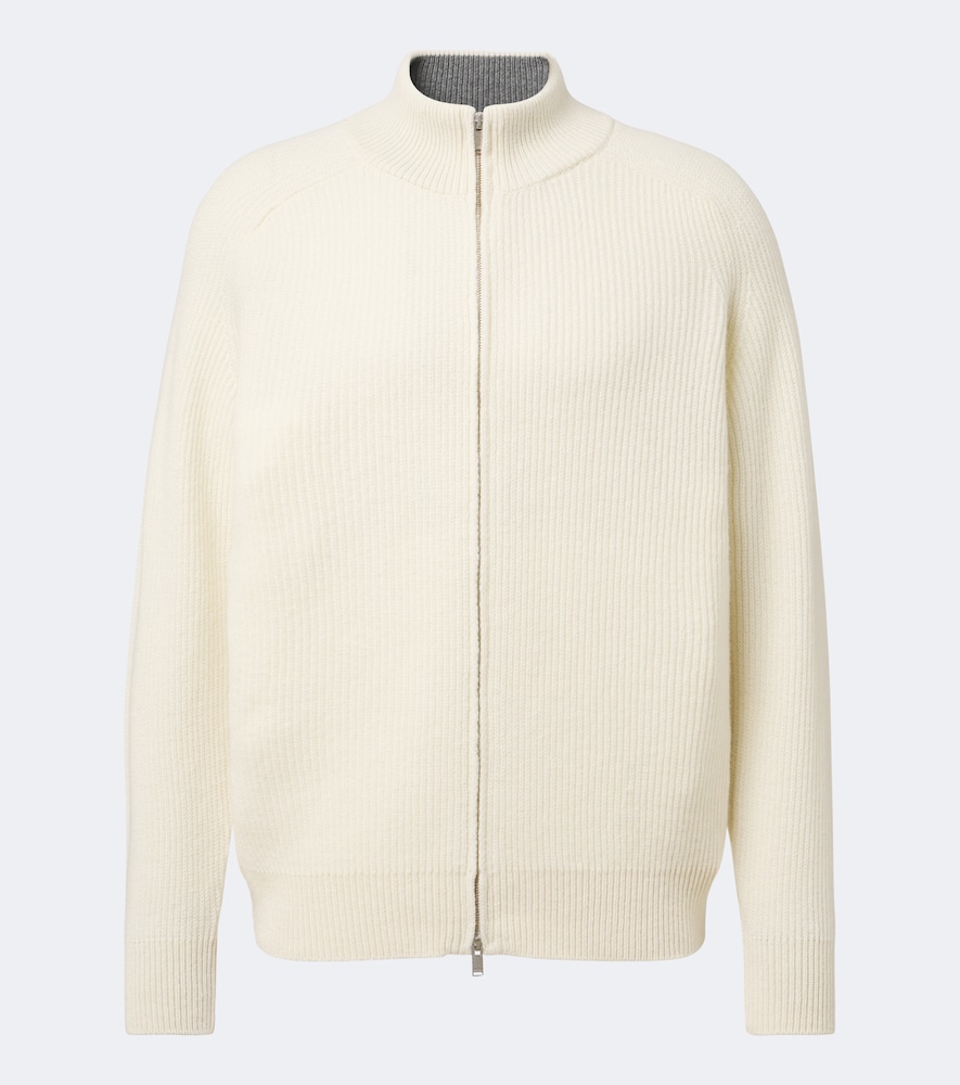 Cardigan a coste in lana e cashmere con zip