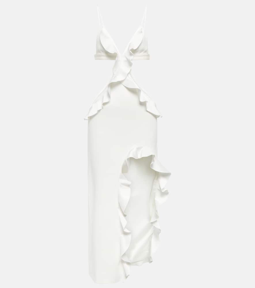 Shop David Koma Ruffle-trimmed Asymmetrical Cutout Midi Dress In White