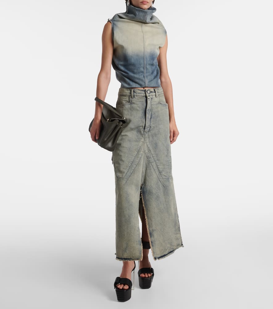 Rick Owens Distressed Denim Maxi Skirt In Neutral