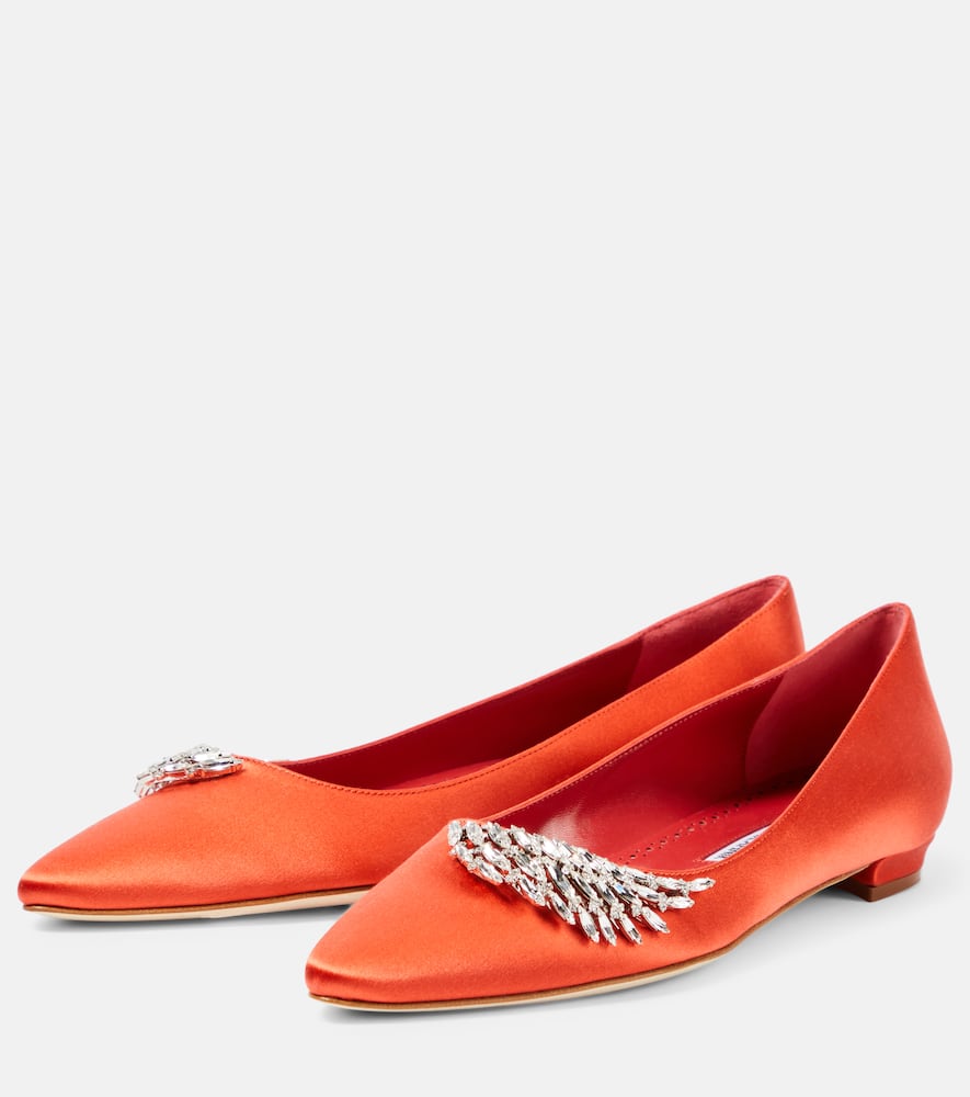 Shop Manolo Blahnik Pluma Embellished Satin Ballet Flats In Orange