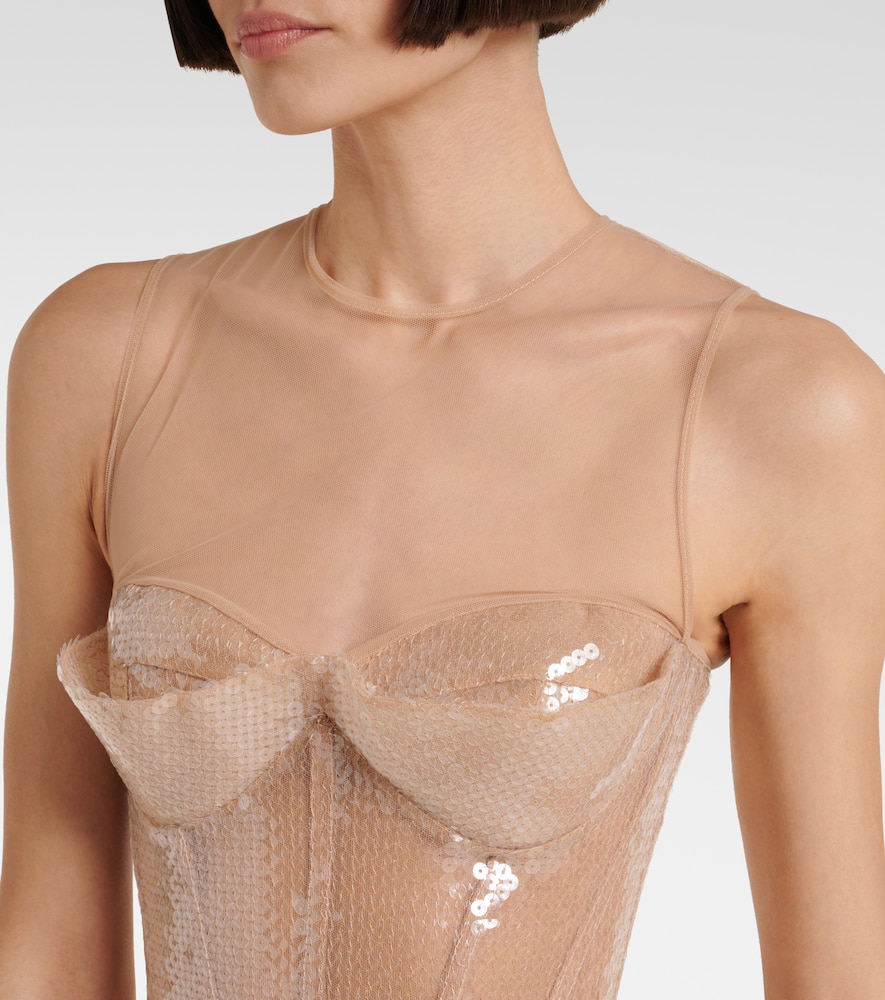 David Koma Sequined Cady And Mesh Corset Gown