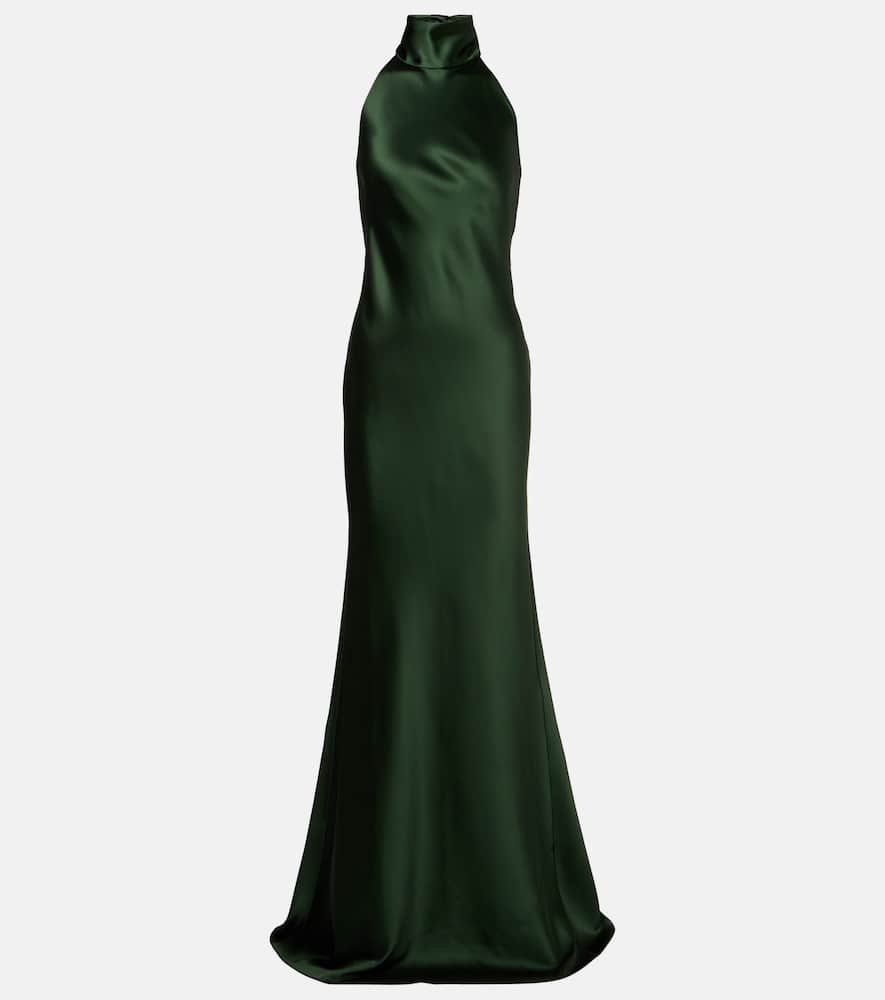 Ralph Lauren Chilton Halterneck Open-back Satin Gown In Green