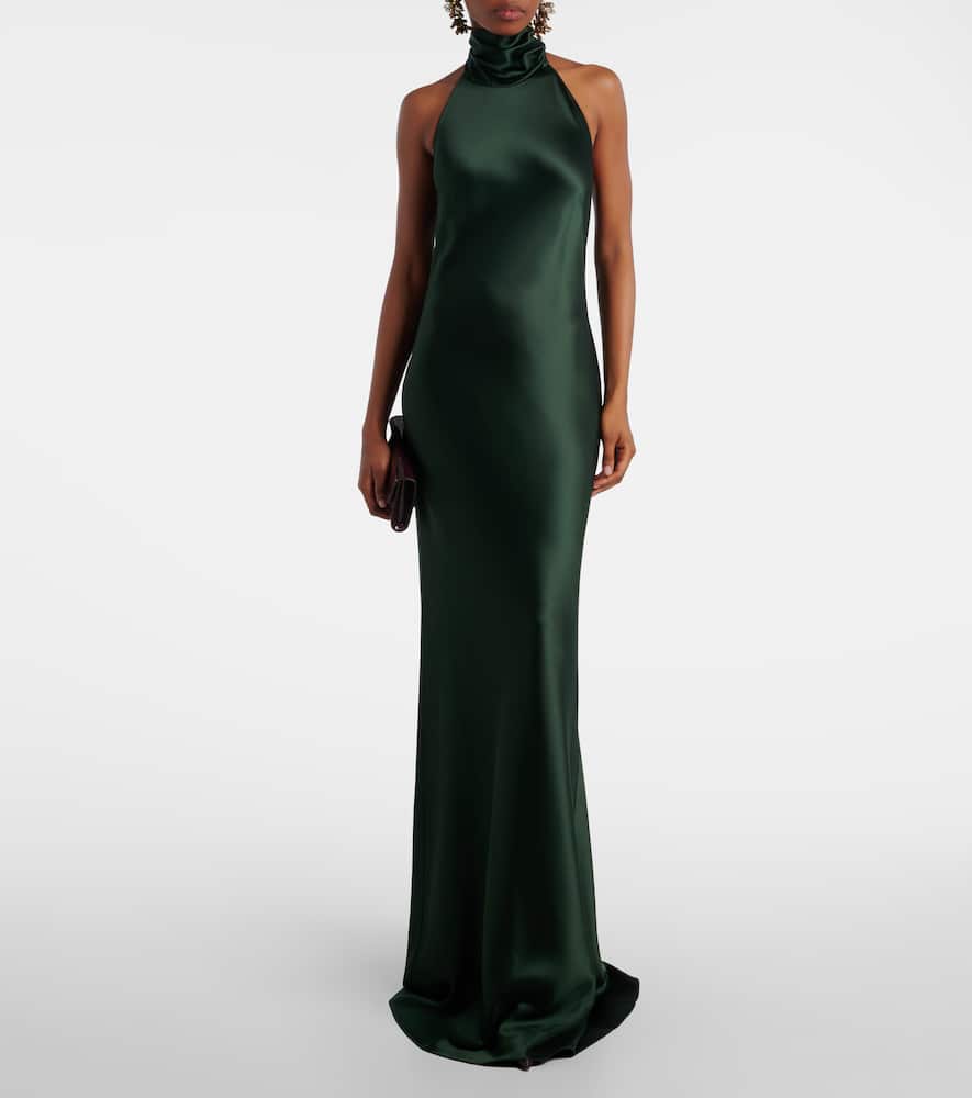 Ralph Lauren Chilton Halterneck Open-back Satin Gown In Green
