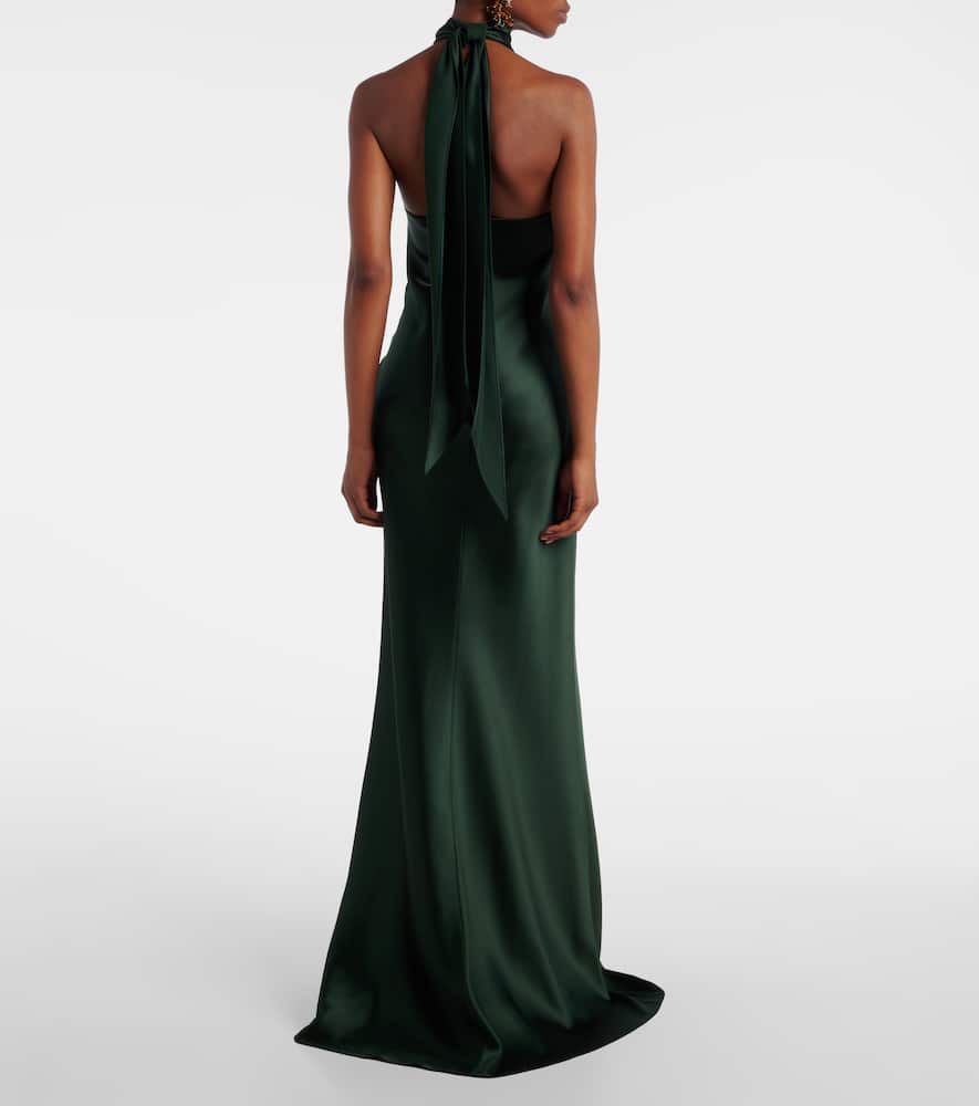 Ralph Lauren Chilton Halterneck Open-back Satin Gown In Green