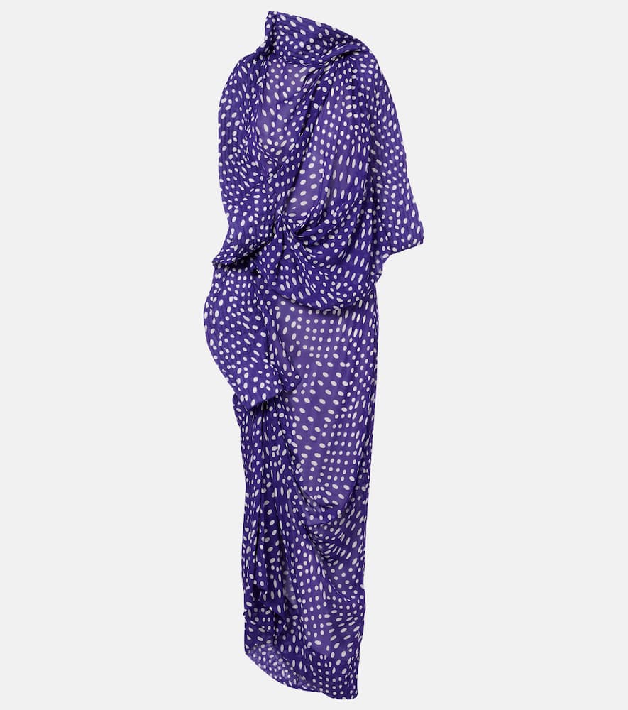 Dries Van Noten Draped Polka-dot Satin Midi Dress In Purple