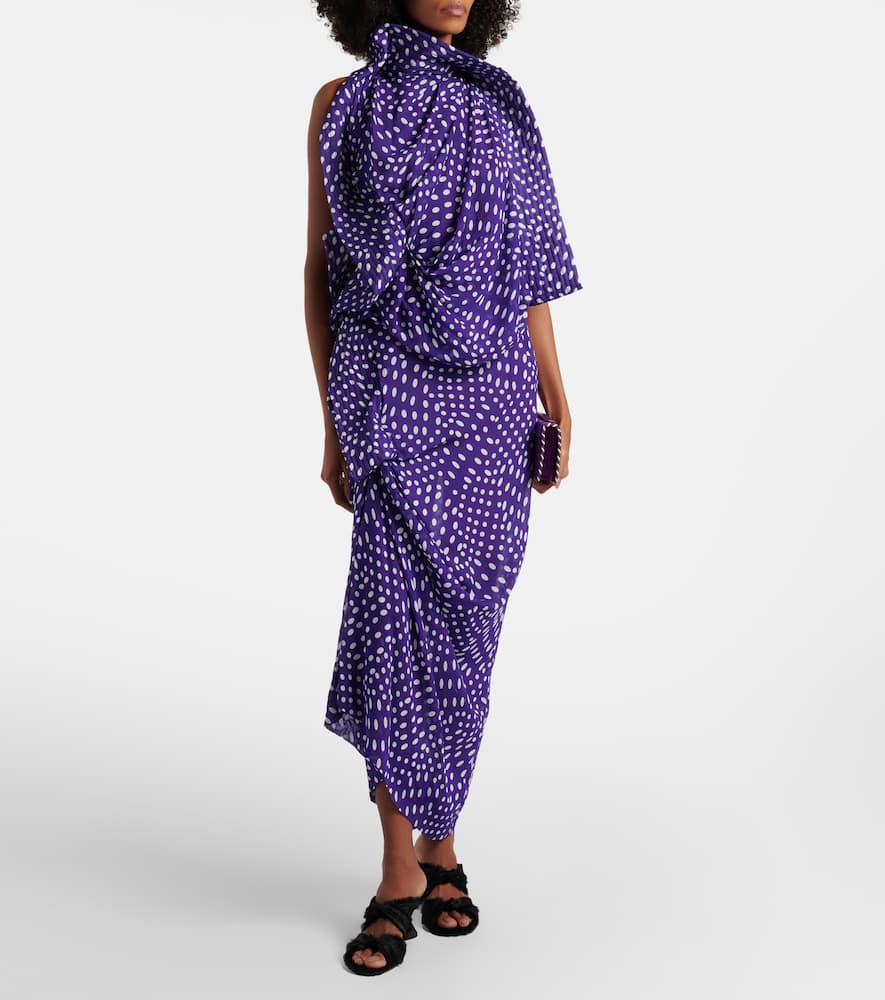 Dries Van Noten Draped Polka-dot Satin Midi Dress In Purple