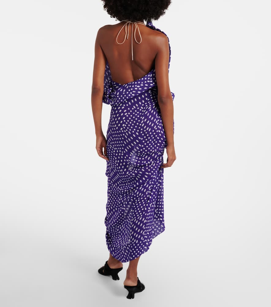 Dries Van Noten Draped Polka-dot Satin Midi Dress In Purple