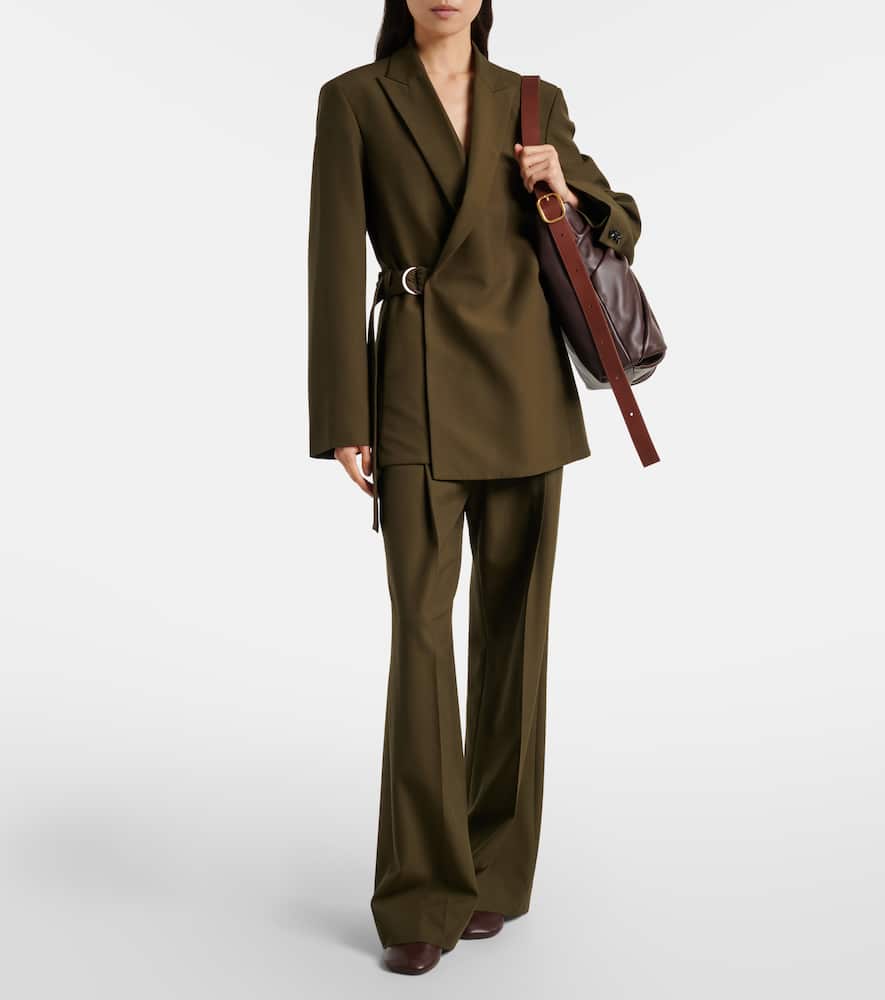 Loewe Leather-trimmed Pleated Wool Flared Pants In Brown
