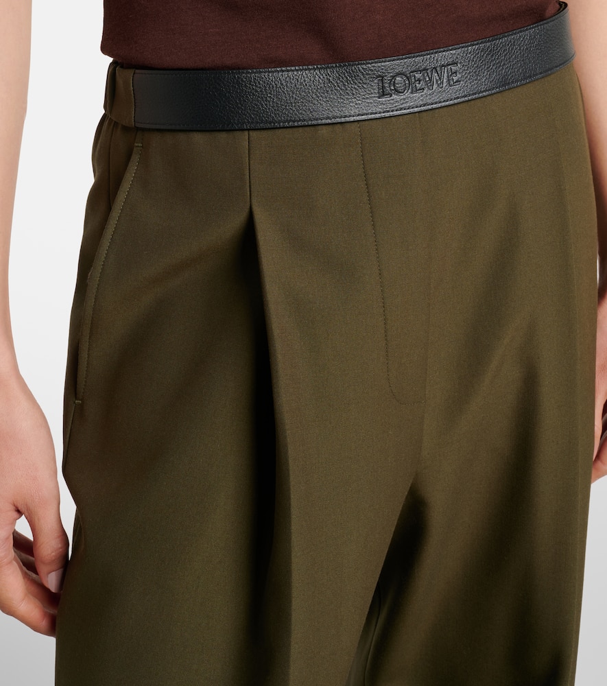 Loewe Leather-trimmed Pleated Wool Flared Pants In Brown