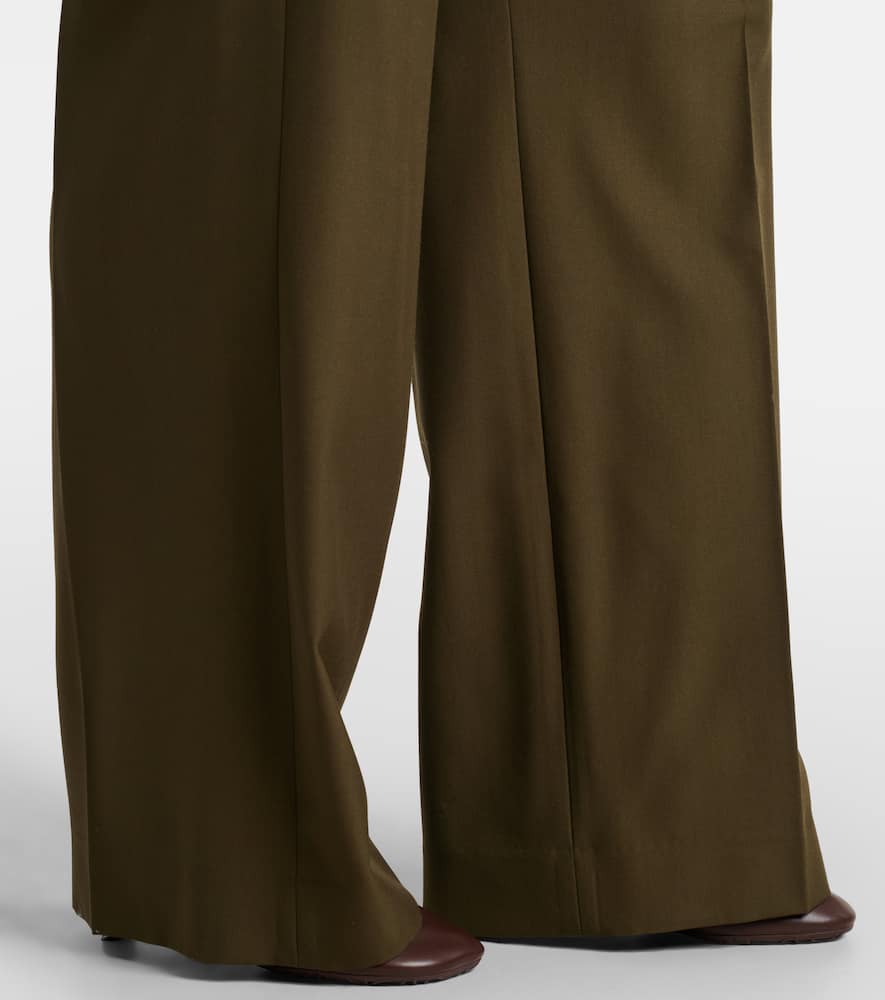 Loewe Leather-trimmed Pleated Wool Flared Pants In Brown