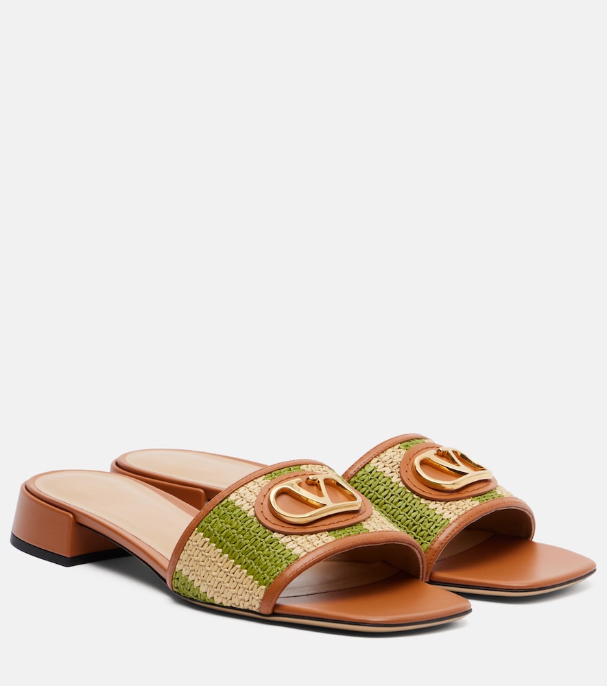 Valentino Garavani VLogo leather-trimmed raffia slides