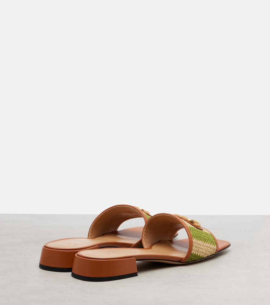  Valentino Garavani Valentino Garavani Vlogo Leather-trimmed Raffia Slides 