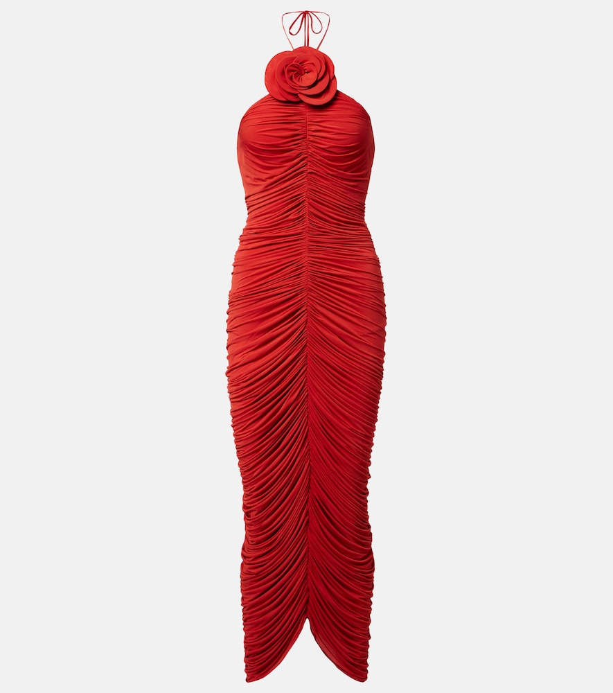 Magda Butrym Women's Red Floral-Applique Ruched Jersey Midi Dress UK Size 10 - Mytheresa