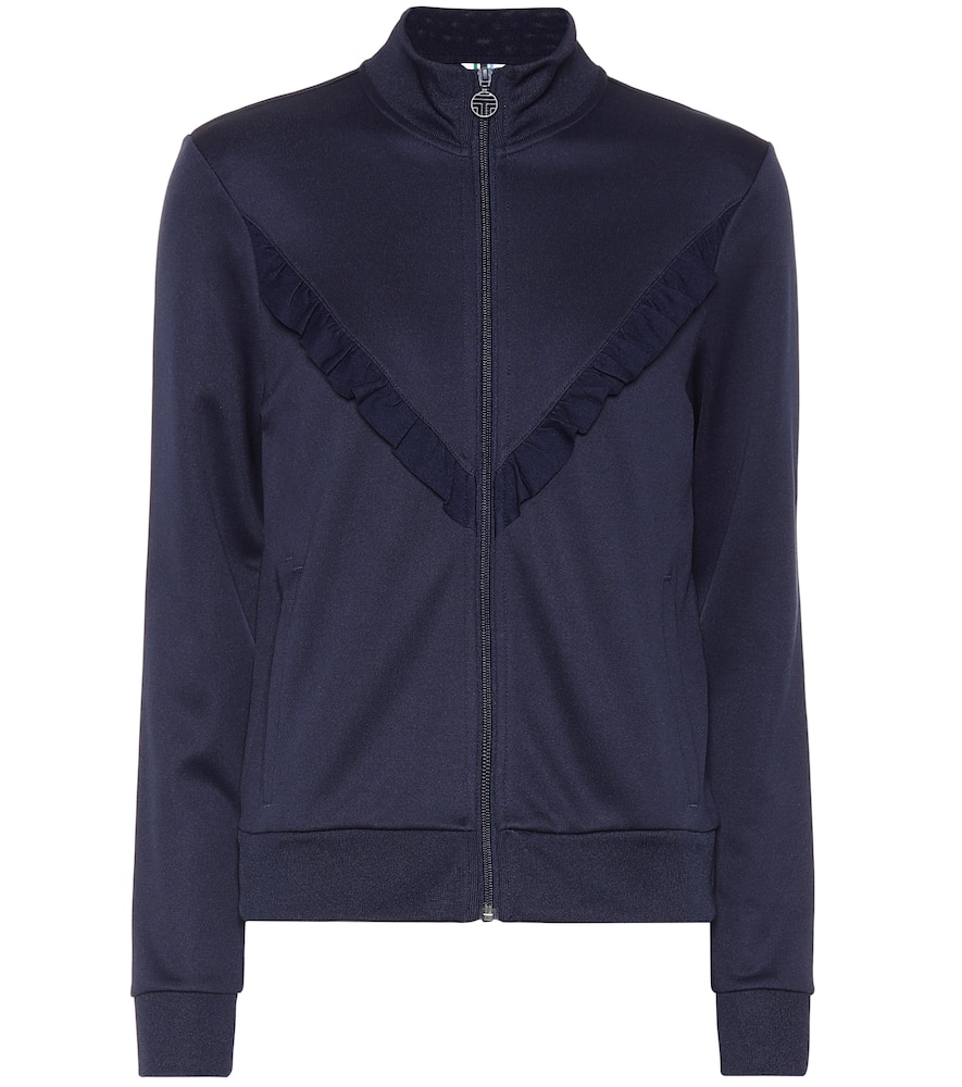 Click to view more detailed imagery on our partner's website Tory Sport Ruffled Stretch-knit Track Jacket In Navy Blue