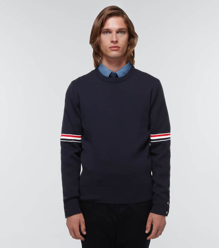Thom Browne Rwb Intarsia Armband Tweed Pullover In Navy