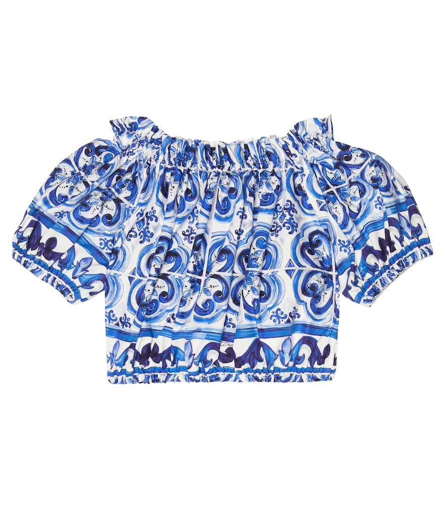 Dolce & Gabbana Majolica Print Cotton Poplin Crop Top In Tris Maioliche F.bco