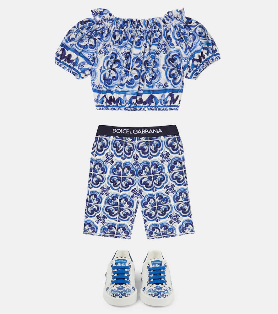 Dolce & Gabbana Majolica Print Cotton Poplin Crop Top In Tris Maioliche F.bco