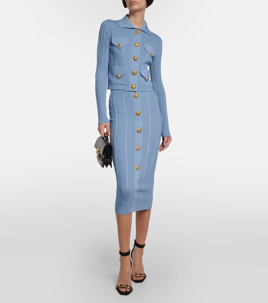Balmain Buttoned Midi Knit Pencil Skirt In Blue
