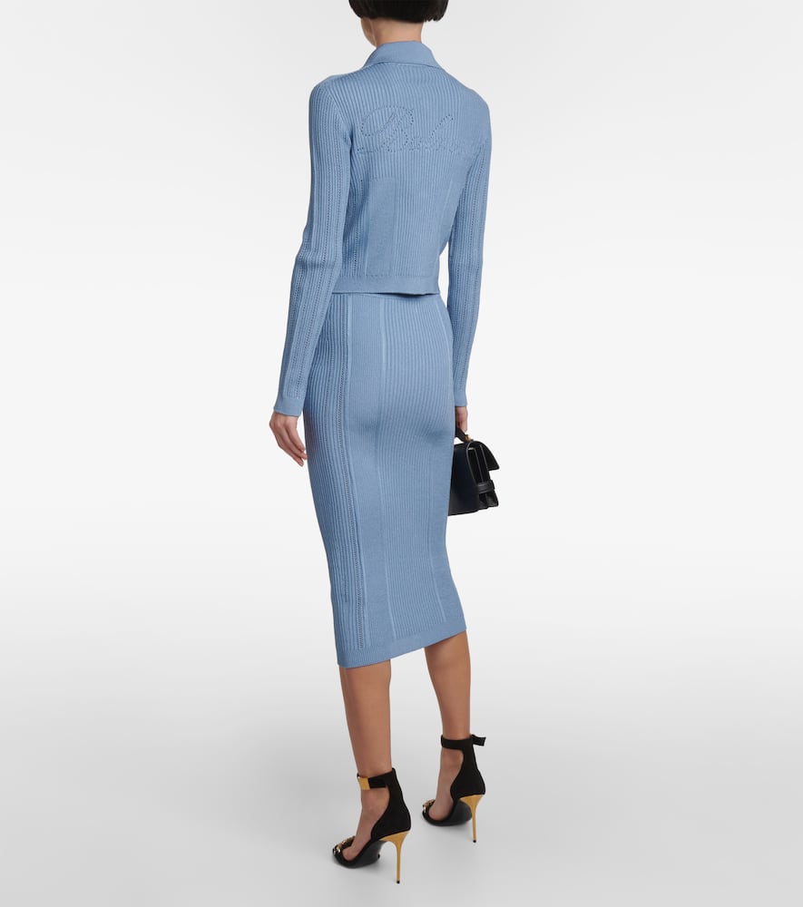 Balmain Buttoned Midi Knit Pencil Skirt In Blue