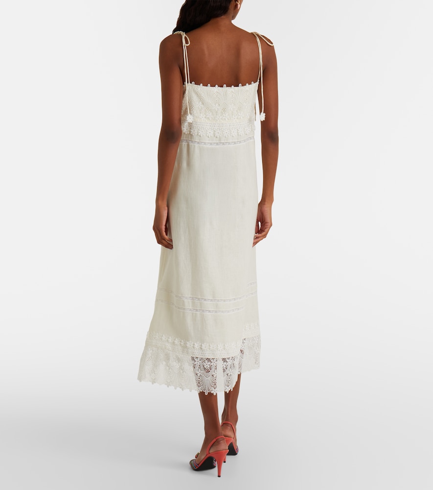 Lace-Trimmed Linen Midi Dress