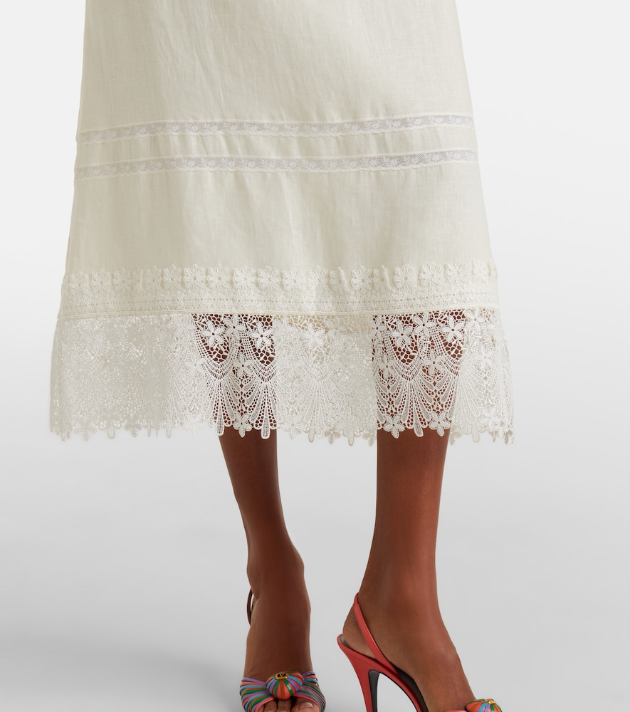 Lace-Trimmed Linen Midi Dress