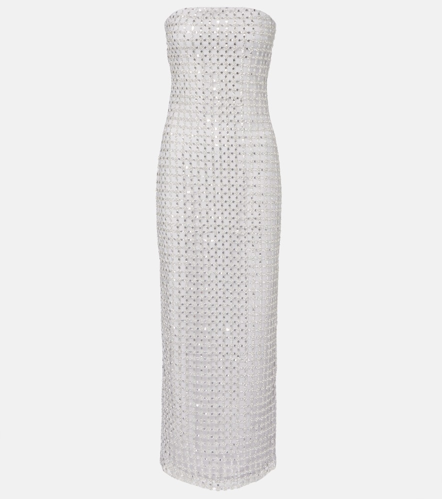 Rotate Birger Christensen Rotate Birgerchristensen Long White Cotton Bodycon Dress With Beads Strapless In Silver