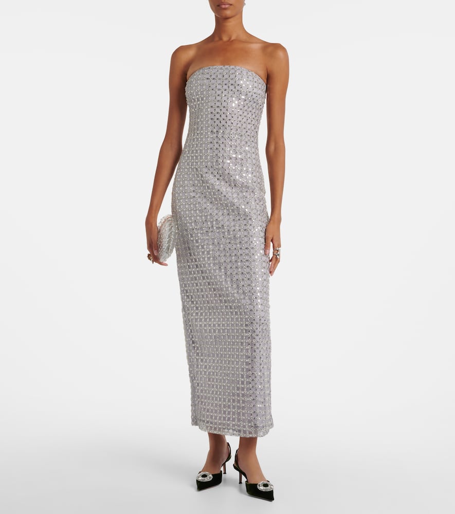 Rotate Birger Christensen Rotate Birgerchristensen Long White Cotton Bodycon Dress With Beads Strapless In Silver