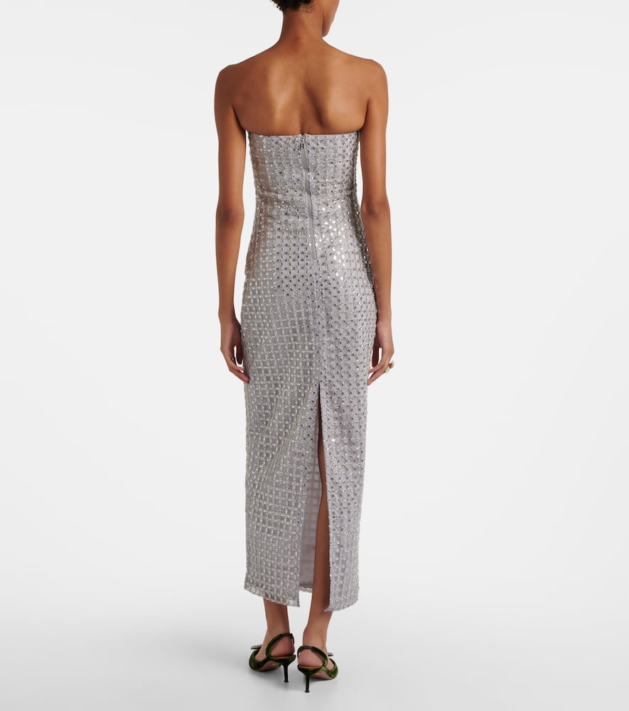 Rotate Birger Christensen Rotate Birgerchristensen Long White Cotton Bodycon Dress With Beads Strapless In Silver