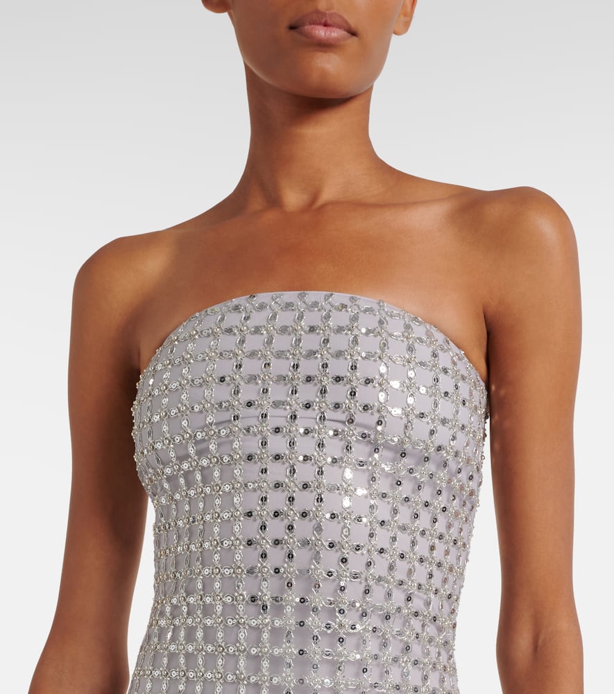 Rotate Birger Christensen Rotate Birgerchristensen Long White Cotton Bodycon Dress With Beads Strapless In Silver