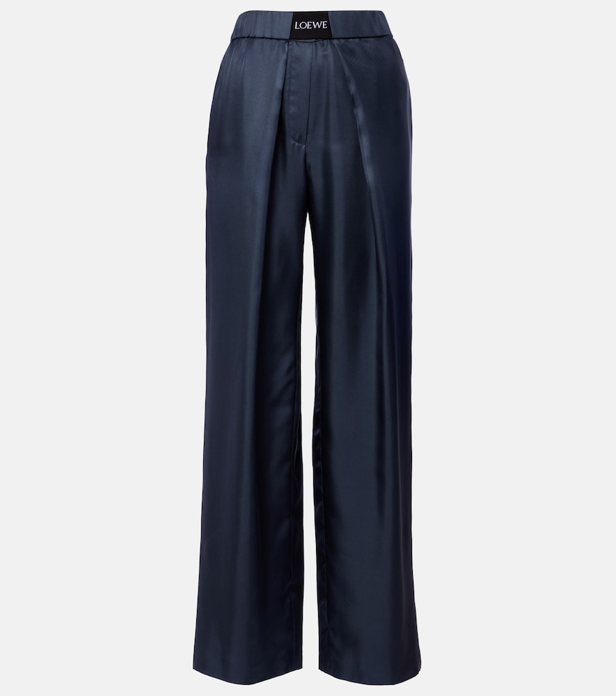Loewe Logo Silk Wide-leg Pants In Gray