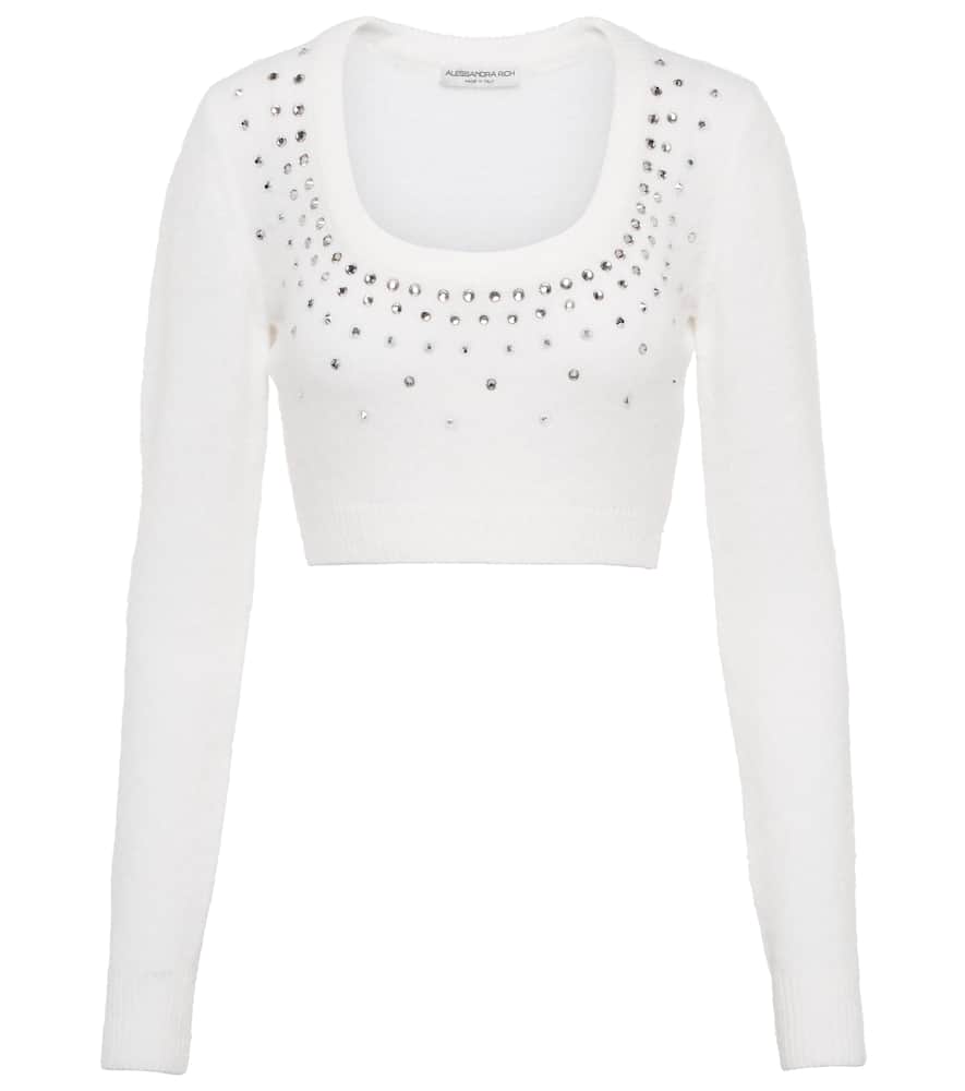 Alessandra Rich Crystal-embellished Cropped Jumper In White