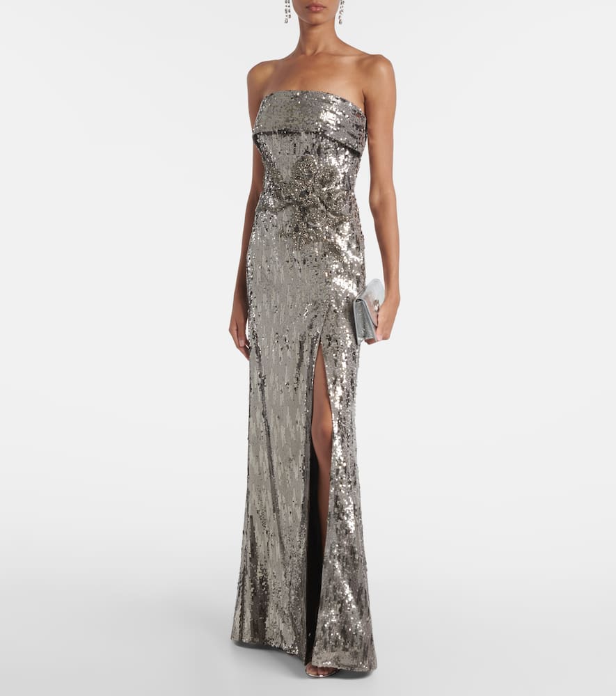 Elie Saab Sequined Strapless Gown In Gray