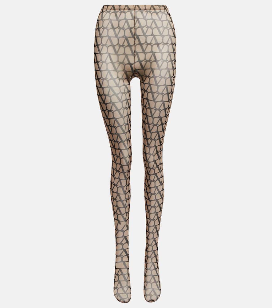 Valentino Beige\/black Tights With All-over Logo In Multicolor