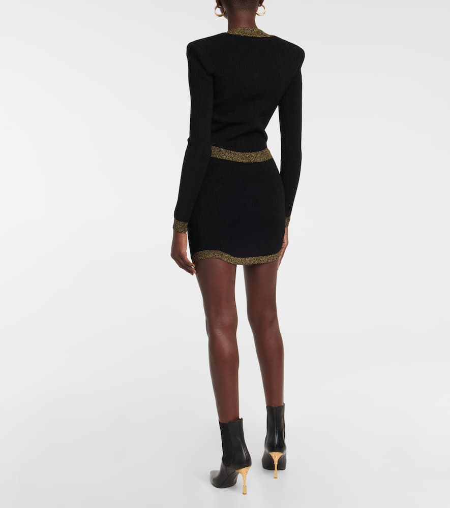 Balmain Strong-shoulder Metallic-edge Pointelle Knit Crop Cardigan In Black/gold
