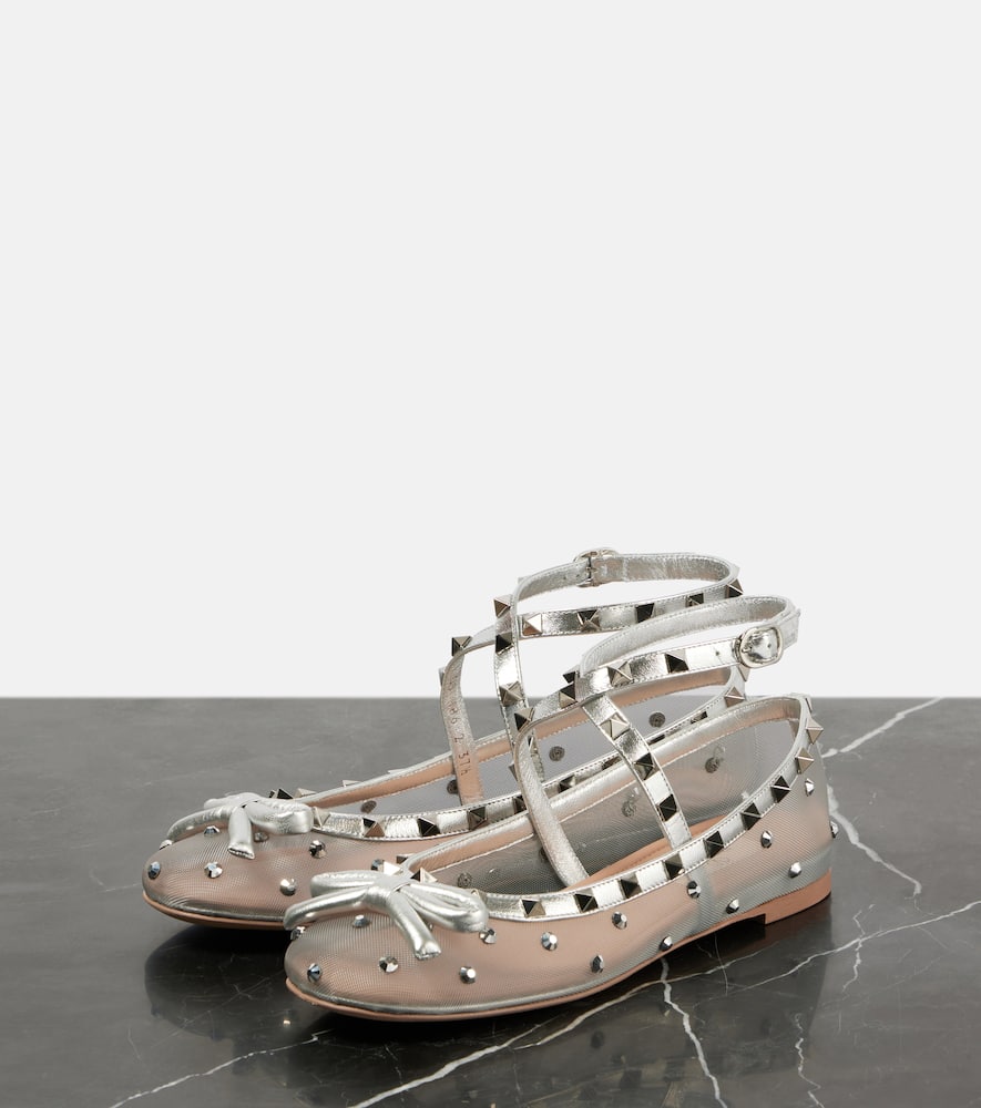 Valentino Rockstud Bow-detail Mesh Ballet Flats In Grau