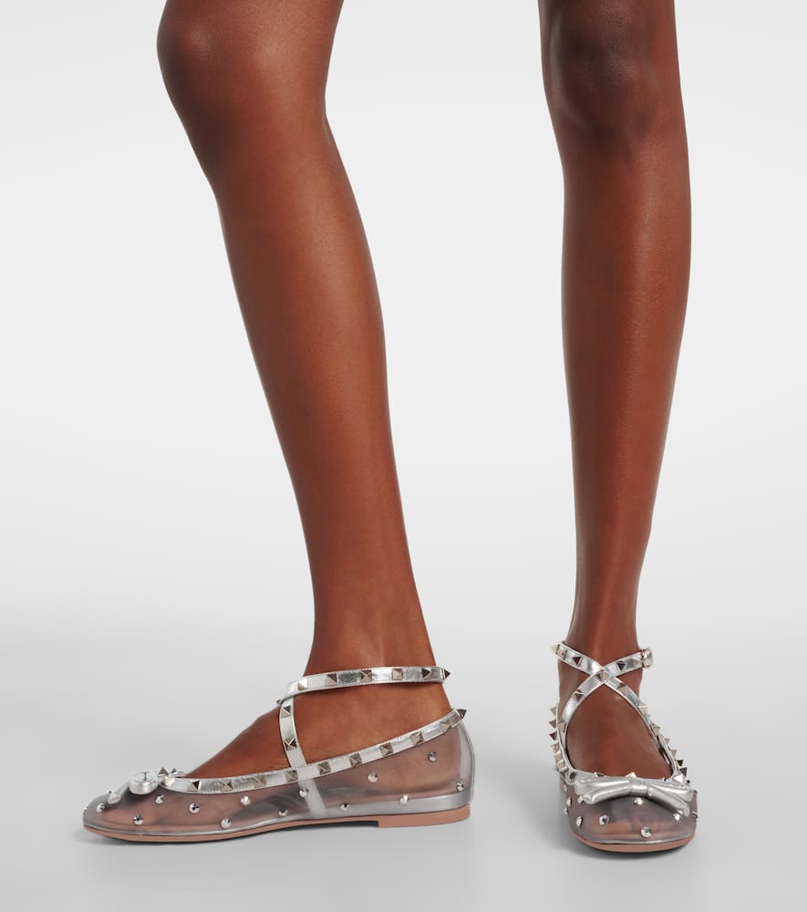 Valentino Rockstud Bow-detail Mesh Ballet Flats In Grau