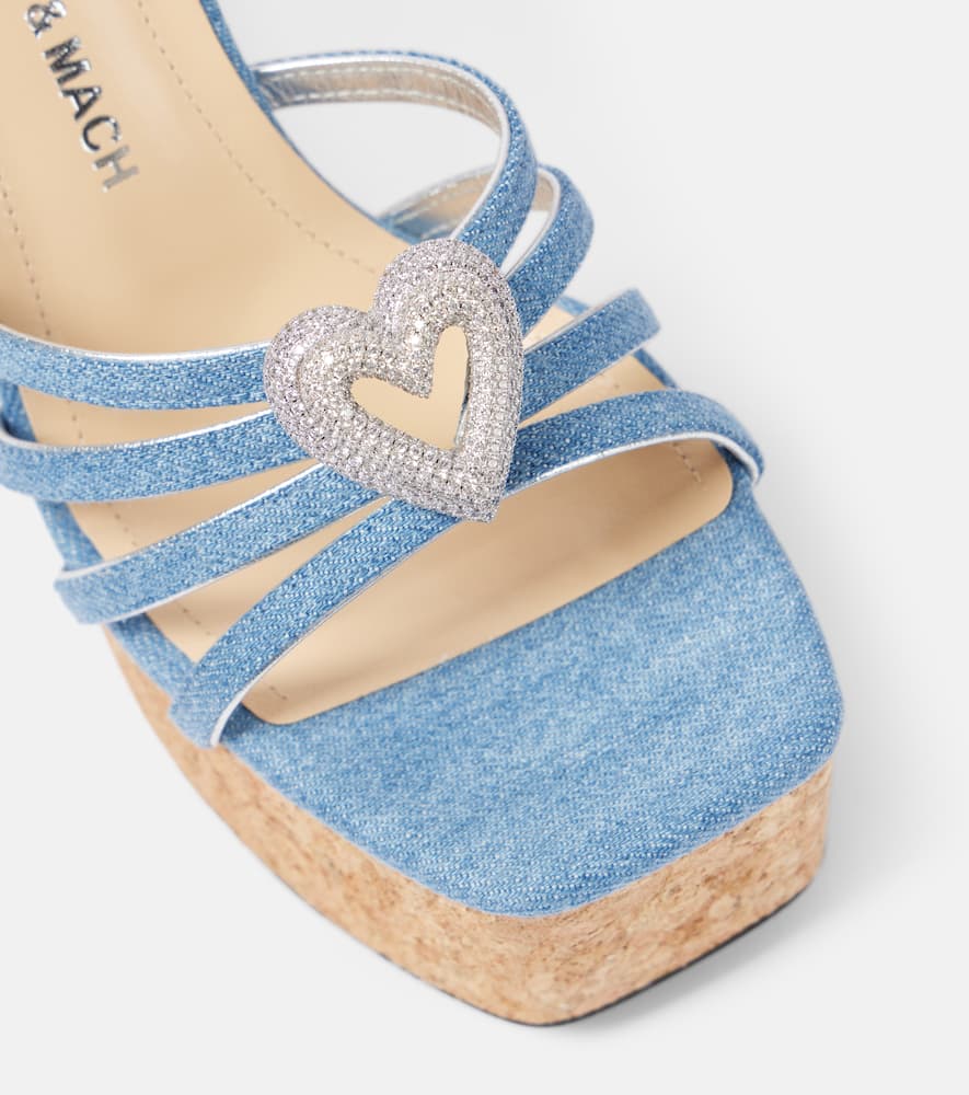 Shop Mach & Mach Double Heart Denim Wedges In Blue