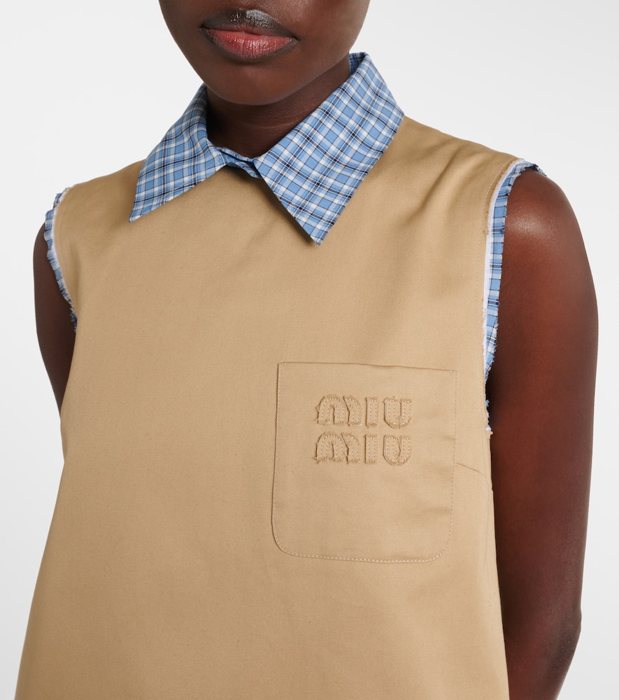 Miu Miu Checked Cotton Minidress In Beige