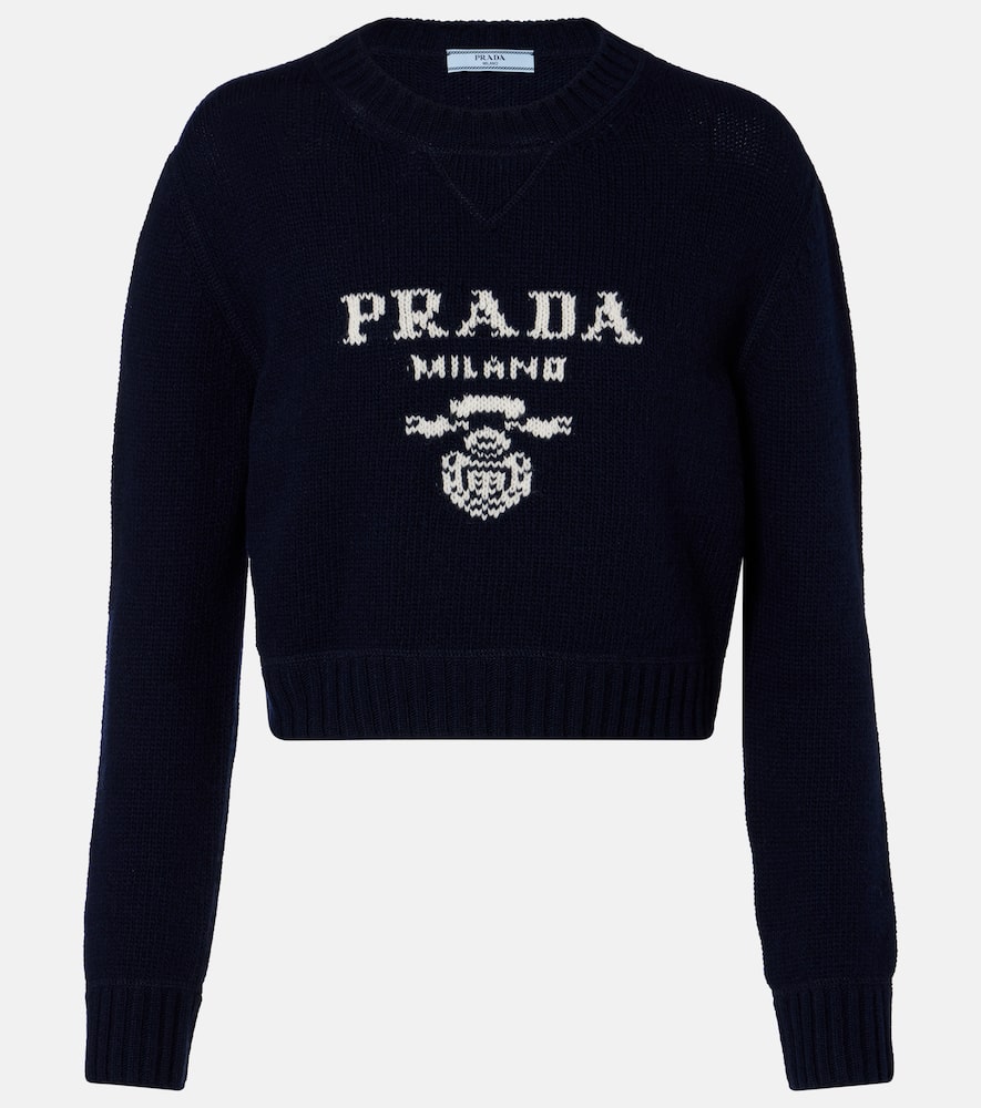 Prada Womens Blue Logo-text Round-neck Wool-cashmere Knitted Sweater In Black