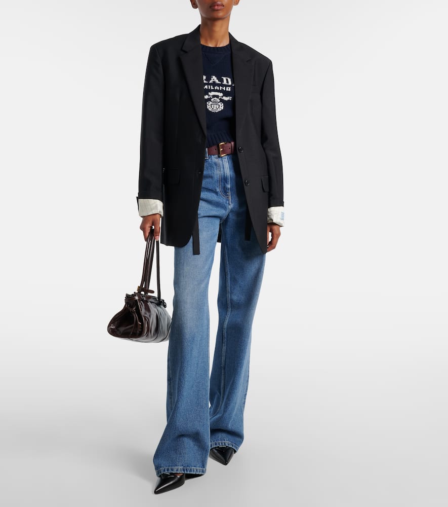 Prada Womens Blue Logo-text Round-neck Wool-cashmere Knitted Sweater In Black